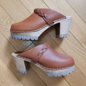 MIA Elsa Clogs Tan Leather Braided Wood Platform Lug Heel Sweden Size 37 New
